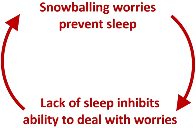 Worries prevent sleep → Lack of sleep inhibits ability to deal with worries → Worries prevent sleep